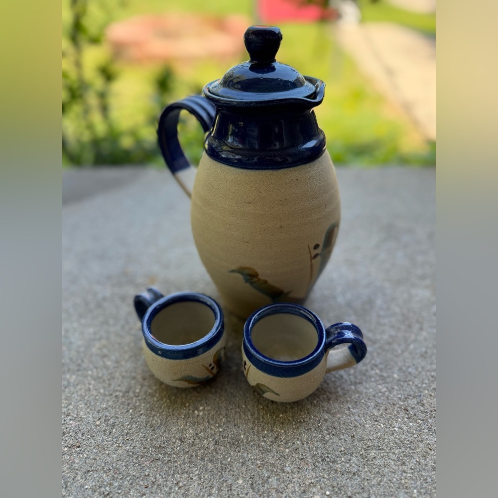 Handcrafted Ceramic Vase and two small cups with Blue Accents